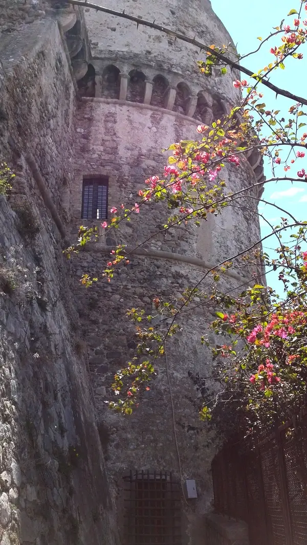 Low-angle view of the Aragonese Castle of Reggio Calabria, featuring a cylindrical stone tower with crenellations, surrounded by pink flowers and greenery under a clear blue sky.