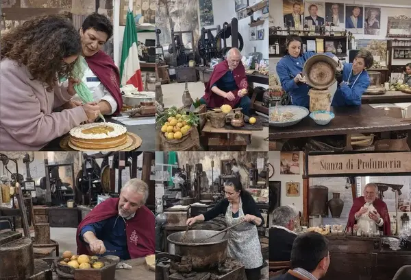 Collage of artisans at the National Museum of Bergamot in Reggio Calabria showing traditional bergamot preparation, cake decoration, citrus processing, and perfumery demonstrations in historic workshop settings.