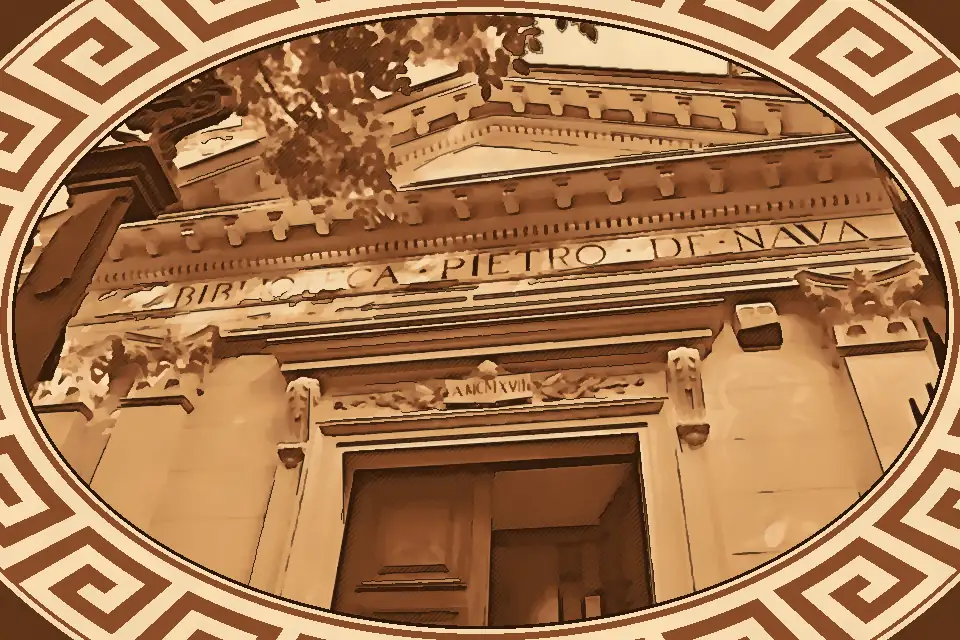 Exterior view of the Municipal Library of Reggio Calabria "Pietro De Nava", a historic villa housing rare books and the Corrado Alvaro Room.