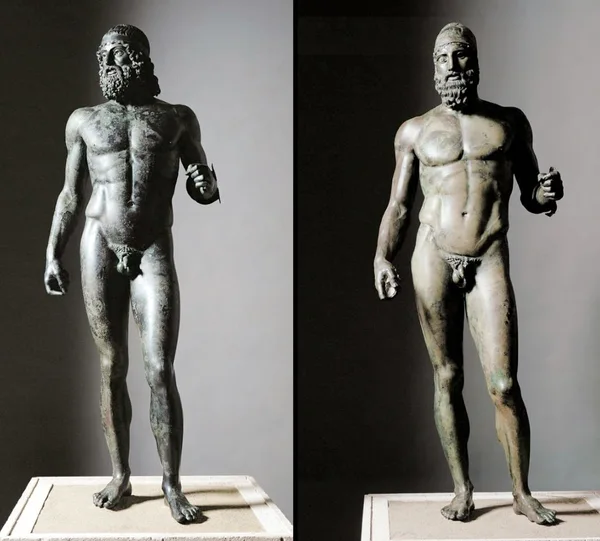 The Riace Bronzes displayed inside the Reggio Calabria Museum, two life-sized ancient Greek bronze statues from the 5th century BCE.