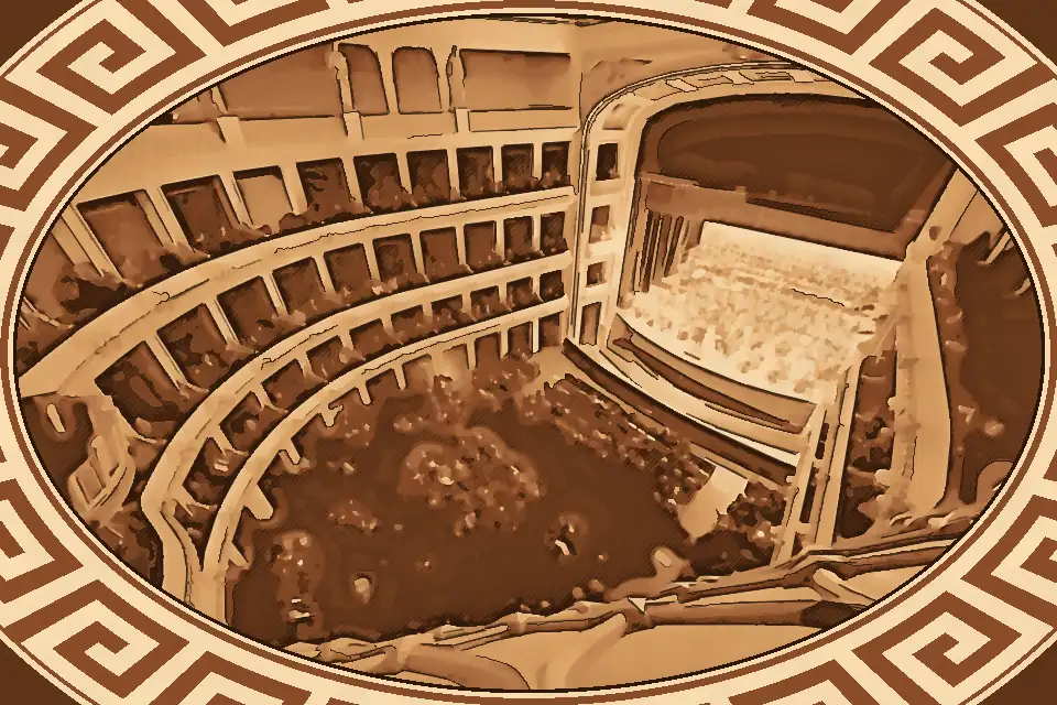 Interior view of the neoclassical Francesco Cilea Theater in Reggio Calabria, Italy, with ornate façade and elegant architectural details, symbolizing the city’s cultural heritage.