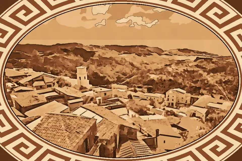 Panoramic view of a traditional hilltop village among the Grecanic villages in Calabria, with terracotta roofs, a white church bell tower and sweeping views over the Ionian Sea and Aspromonte mountains.