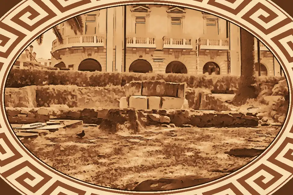 Hellenistic Tomb Seafront Reggio Calabria stone chamber along the Lungomare with the Ionian Sea in the background