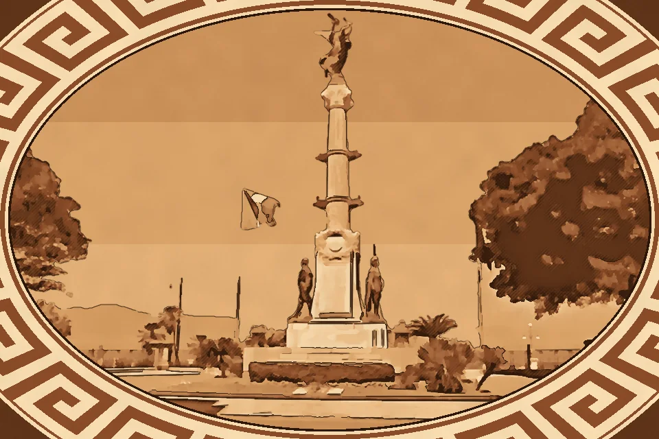 Monument to the Fallen along Reggio Calabria’s waterfront, featuring a tall column topped with a bronze Winged Victory statue, flanked by bronze soldier figures, with the Italian flag waving against a bright blue sky.