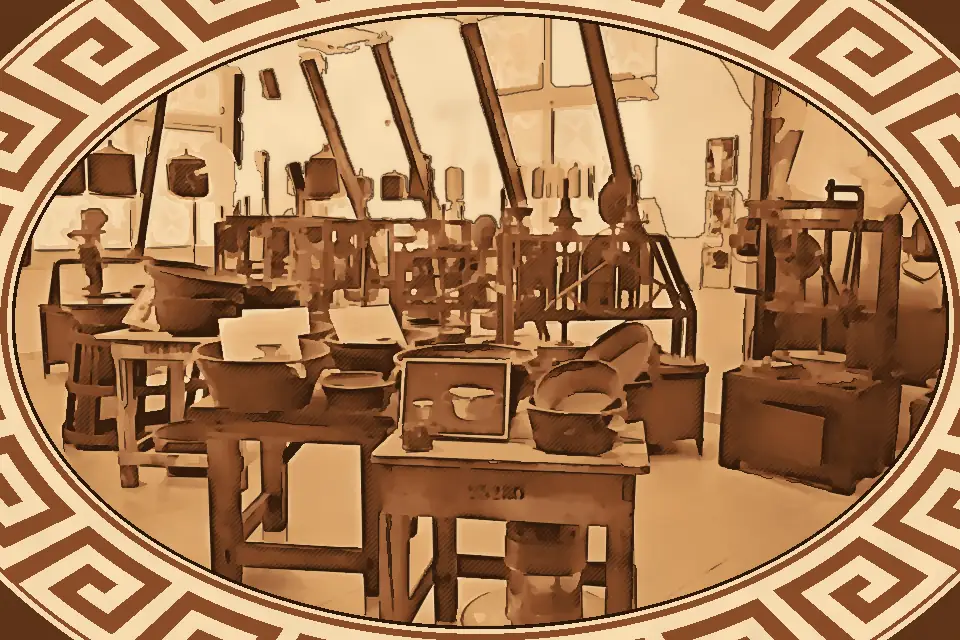 Interior of the National Museum of Bergamot in Reggio Calabria displaying vintage bergamot extraction machines, essential oil bottles, and artisanal perfume items.