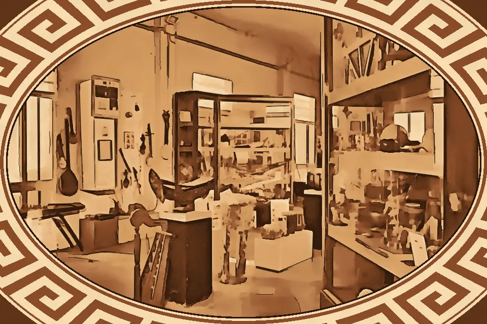 Interior view of the Museum of the Musical Reggio Calabria displaying a wide collection of traditional and ethnic instruments from different cultures inside MuStruMu.