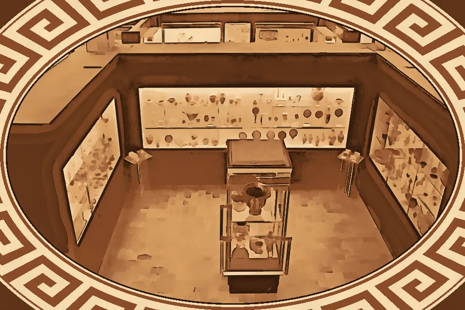 Interior view of the National Archaeological Museum of Locri in Reggio Calabria with illuminated display cases containing ancient Greek and Roman artifacts.