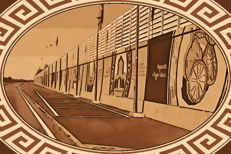 Long mural-covered promenade at Parco Lineare Sud in Reggio Calabria with cycling and jogging paths by the sea.
