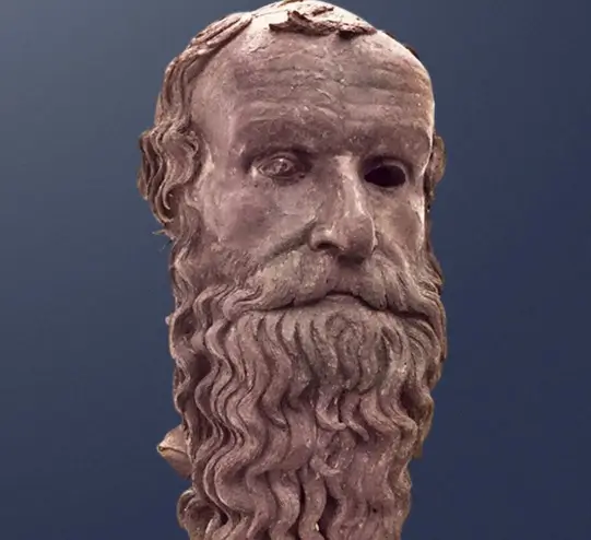 Philosopher’s Head bronze sculpture displayed at the National Archaeological Museum of Reggio Calabria, a 5th century BCE Magna Graecia masterpiece possibly depicting Pythagoras.