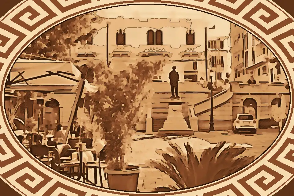 Bustling Piazza Camaga in Reggio Calabria with the Biagio Camagna monument, outdoor cafes, Liberty-style buildings, and sunlit cobblestone square filled with locals and tourists.