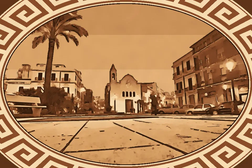 Piazza del Carmine in Reggio Calabria with lava stone paving, green areas, and the Church of Our Lady of Mount Carmel in the background.