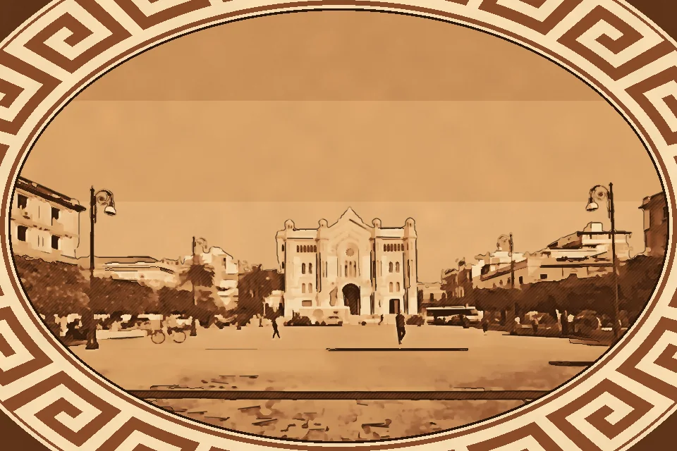 A panoramic view of Piazza Duomo Reggio Calabria with the Cathedral and surrounding historic buildings.