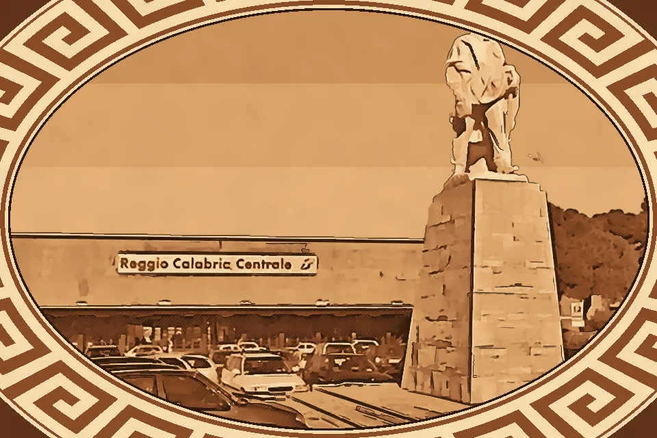 Piazza Garibaldi in Reggio Calabria with the marble statue of Giuseppe Garibaldi and Central Station in the background