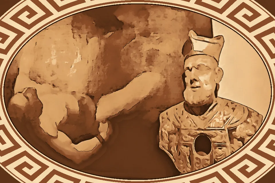 Golden sculpted bust of a bearded man beside a dramatic painting inside the Piccolo Museo San Paolo Reggio Calabria, showcasing sacred art and silverware.