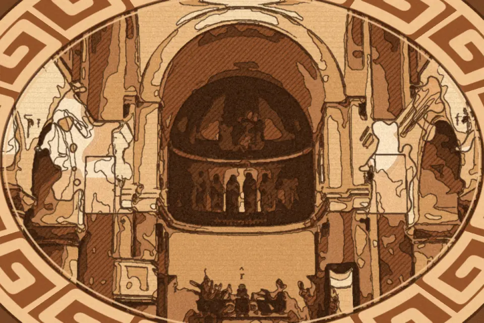 nterior of the Church of Saints Philip and James in Sant’Agostino Reggio, showing stone columns, arches, and a colorful mosaic in the apse, illuminated by natural light