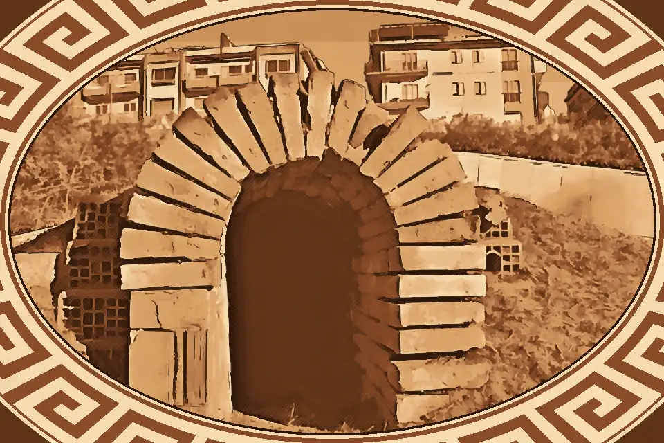 Red brick arched entrance of a Hellenistic tomb in Reggio Calabria, leading into a shadowed burial chamber with distant buildings and blue sky in the background.