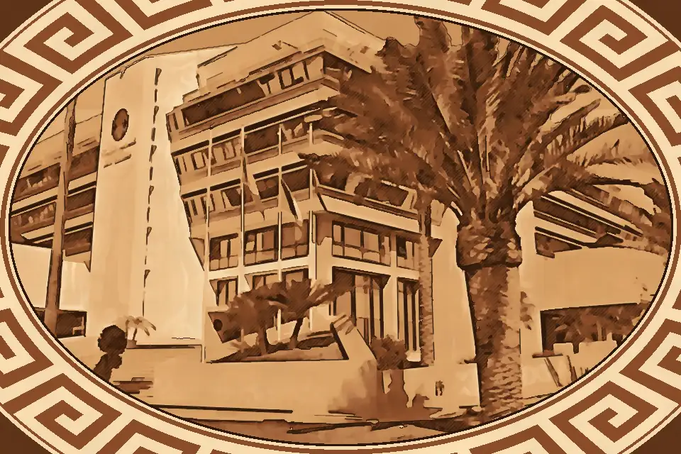 Futuristic exterior of Palazzo Campanella in Reggio Calabria with connected blocks and metal walkways, reflecting modern architecture and civic importance.