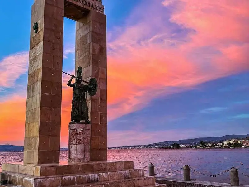 Bronze statue of Athena Promachos in Reggio Calabria overlooking the sea