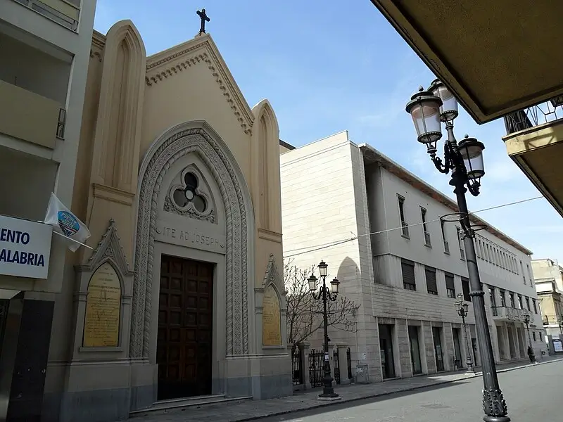 Exterior façade of the Church of San Giuseppe al Corso in Reggio Calabria, with Gothic-inspired details and central rose window.