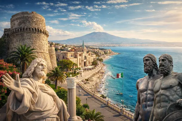 Panoramic view of Reggio Calabria featuring the Aragonese Castle, Riace Bronzes, Falcomatà Promenade, and the Strait of Messina with Mount Etna in the background part of the Reggio Calabria travel guide.