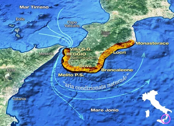 Map illustrating the growth and trade routes of bergamot from Reggio Calabria, showing distribution across the Mediterranean.